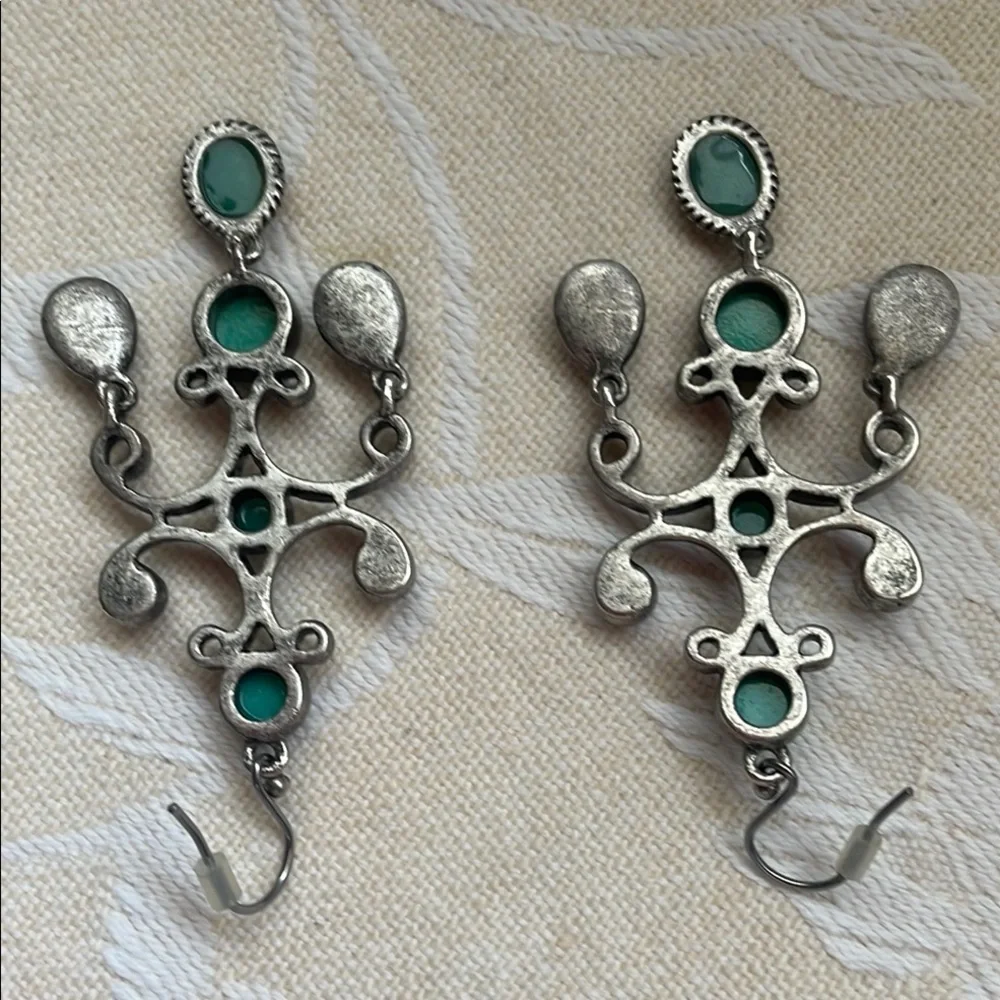Silver and Green Dangle Earrings with Intricate Design